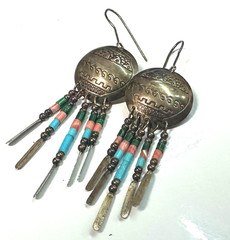 Southwestern Dangle Earrings Turquoise Coral Bead Fringe Vtg Sterling Silver #7