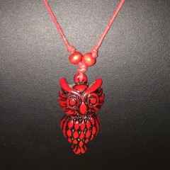 Vintage Red Lucite Owl Pendant Necklace Adjustable Boho Style Vintage Folk Art