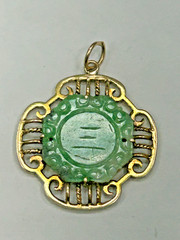 Antique Vintage Asian Style 14k Yellow Gold Pendant With Garved Jade Gemstone