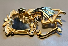 Vintage AJC Gold Tone Art Deco Fancy Lady Vanity Mirror Brooch Pin
