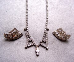Art Deco clear rhinestone necklace and clip earrings set 1950s
