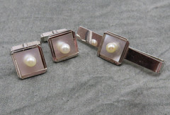 Caribe Sterling Silver Vintage Cufflinks Tie Bar Set White Pearl Cuff Links 252h