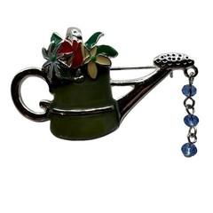 Watering Can Brooch Pin Green Enamel Floral Blue Dangle Beads Gardening Nature