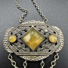 Vintage Art Deco Style Necklace Glass Filigree Pendant Drop Fringe