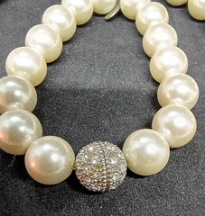 Cookie Lee Faux Pearl Choker Necklace & Bracelet set with Rhinestone Ball Clasp