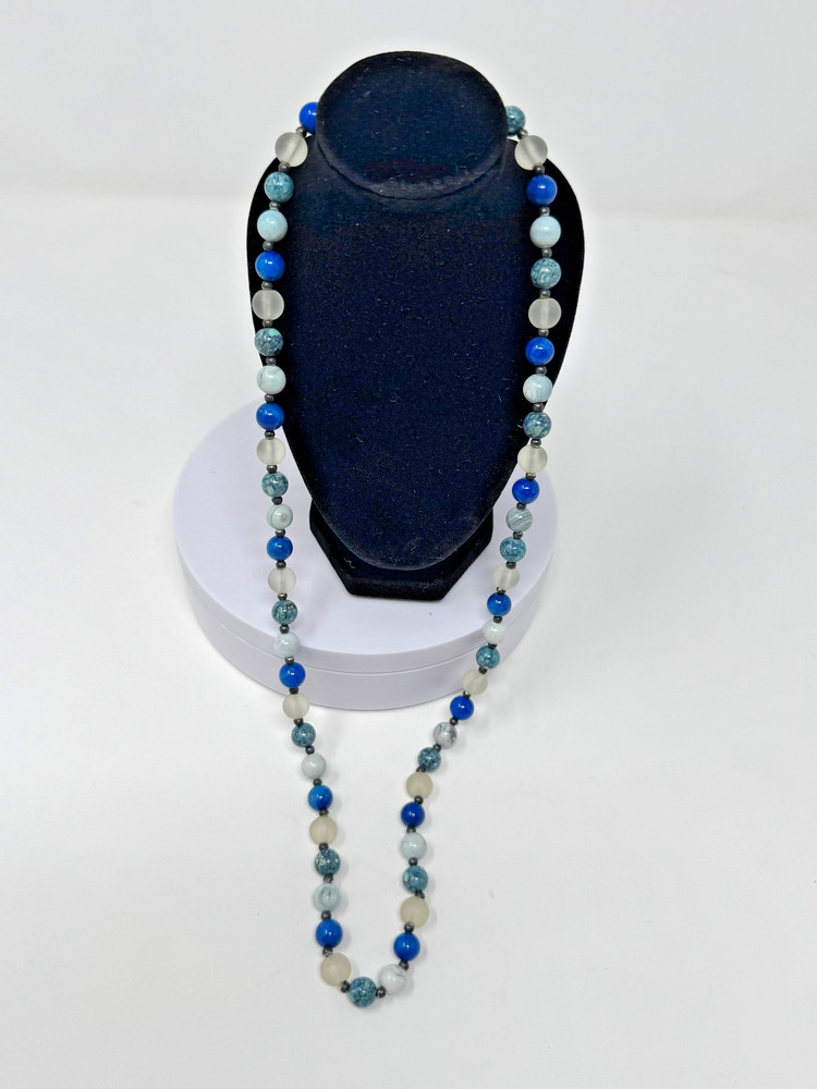 Vintage Blue Stone Frosted Sea Glass Bead Necklace Asian Box Clasp 24″