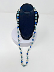 Vintage Blue Stone Frosted Sea Glass Bead Necklace Asian Box Clasp 24″
