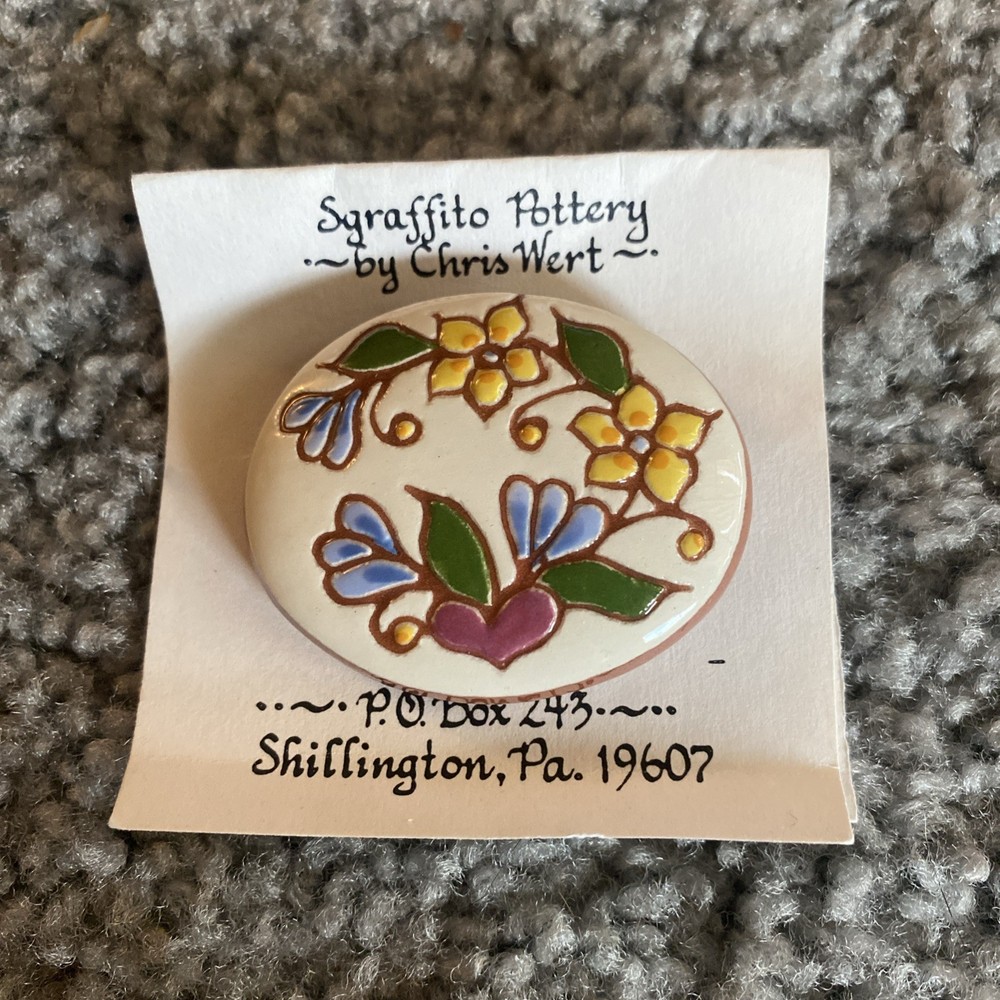 Vtg 1995 Signed Handpainted Oval Floral Ceramic Brooch Pin Cottagecore Folk Art