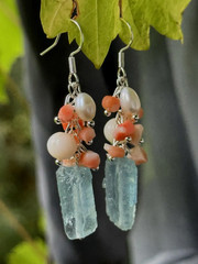 Aquamarine natural coral earrings with pearls