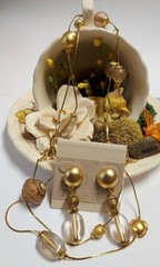 Vintage Beaded Station Necklace & Earrings JC Penny 90s Matte Gold Tone NOS