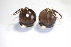 14K Gem Quality Micro Faceted Smokey Topaz Large Ball Earrings