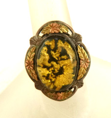 Vtg JNE 925 Sterling Silver & Black Hills Gold Ring Gold Leaf Under Resin Sz 6.5