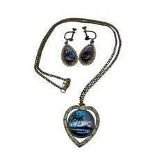 Sterling Silver Blue Morpho Butterfly Wing Earrings & Reversible Necklace Vtg