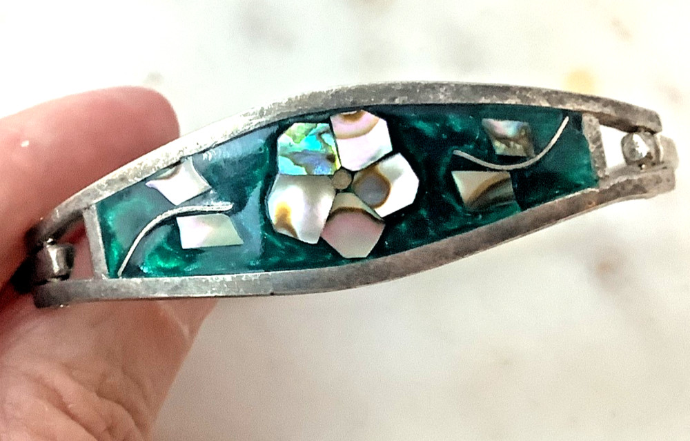 Vintage Abalone Silver Bangle Flower Bracelet Oval Shape Signed Taxco Mexico