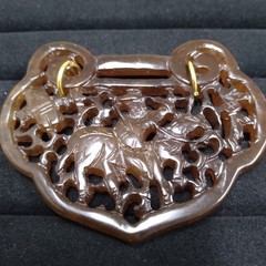 Carved Brown Stone Pendant Gold Tone