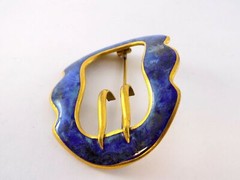 Vintage Unsigned Goldtone Metal and Blue Enamel Belt Buckle Brooch Pin 2.5 Inch