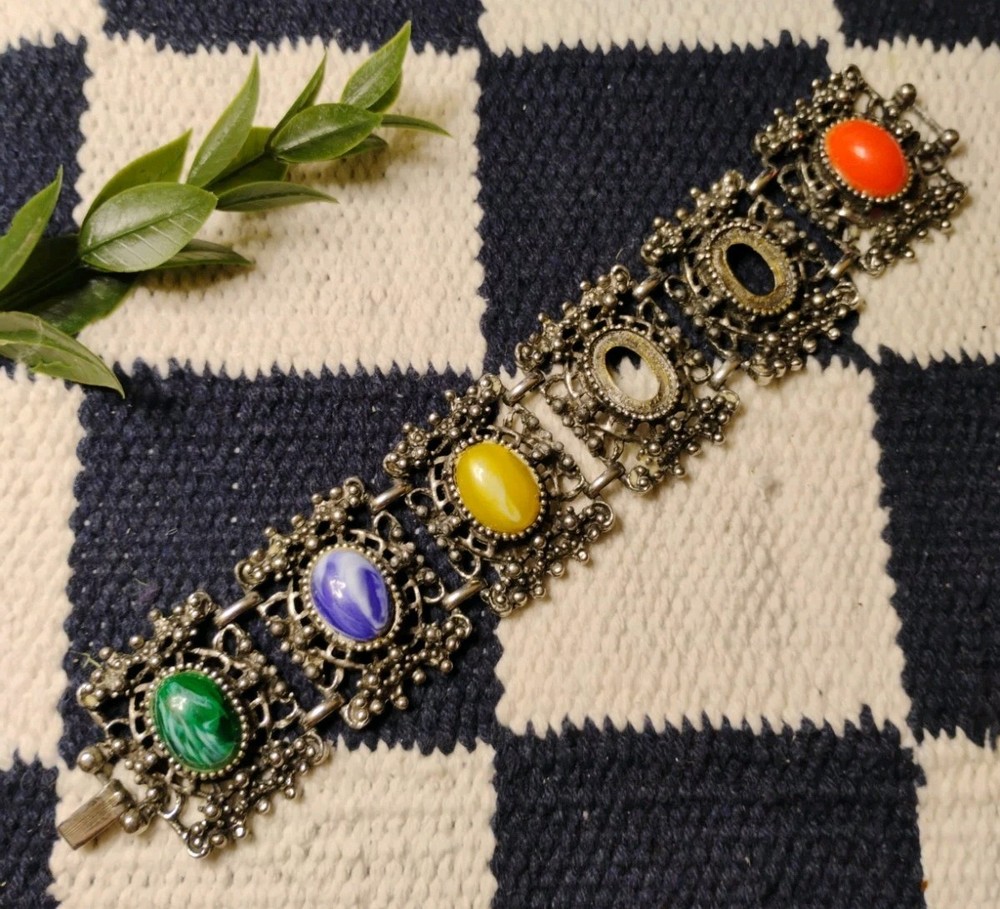 Vtg “As-Is” Selro Selini (?) Ornate Panel Bracelet w/Marbleized Acrylic Stones!