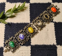 Vtg “As-Is” Selro Selini (?) Ornate Panel Bracelet w/Marbleized Acrylic Stones!