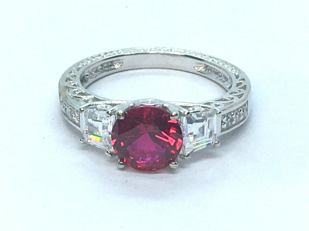 Sterling Silver Shiny Bright CZ Cubic Zirconia Lab Ruby Cocktail Ring Size 8