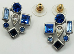 Monet Large Art Deco Silver Tone Colorful Earrings Blue Light Blue Modern Art