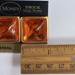 VTG Monet 80s 90s Square Orange Lucite Gold Tone Pierced Earrings New Old Stock