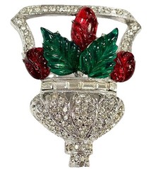 RARE Signed ART DECO 89 Floral Basket Brooch Pin Rhinestone Resin UNWORN HTF