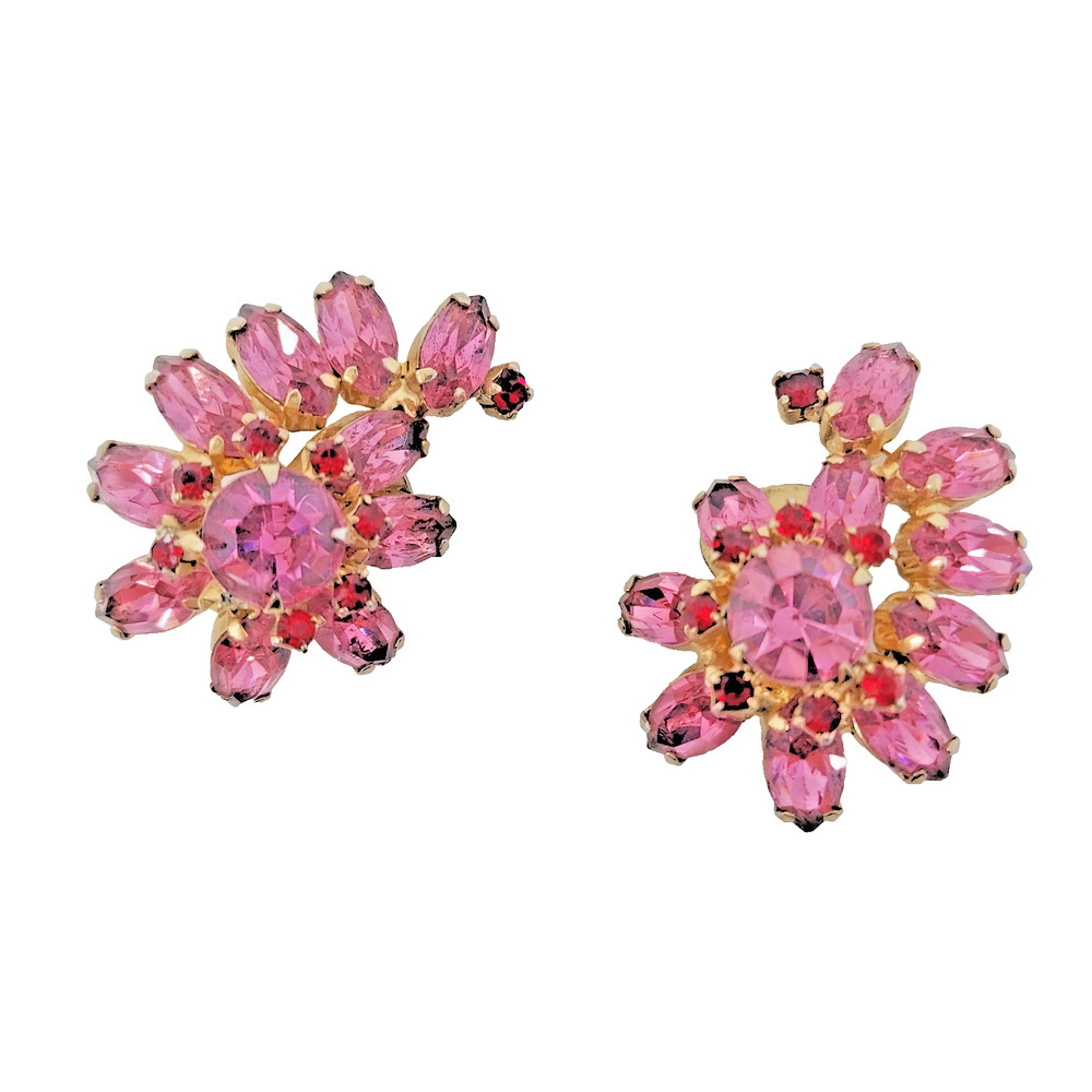 Vintage La Rel Rhinestone Clip Earrings Pink Red Climber Signed MCM 1.25″
