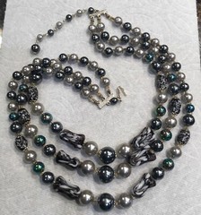 Vintage Three Strand Necklace Grey Dark Purple Silver Tone Made In Japan O87