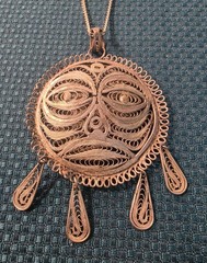 Vintage Tribal Tiki Mask Sun Face Silver Tone Filigree Dangle Pendant Necklace