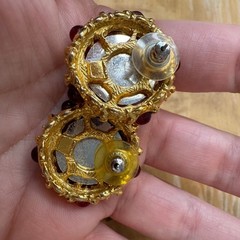 Vintage Ruby Red Glass Cabochon Gold Tone Ornate Statement Stud Earrings