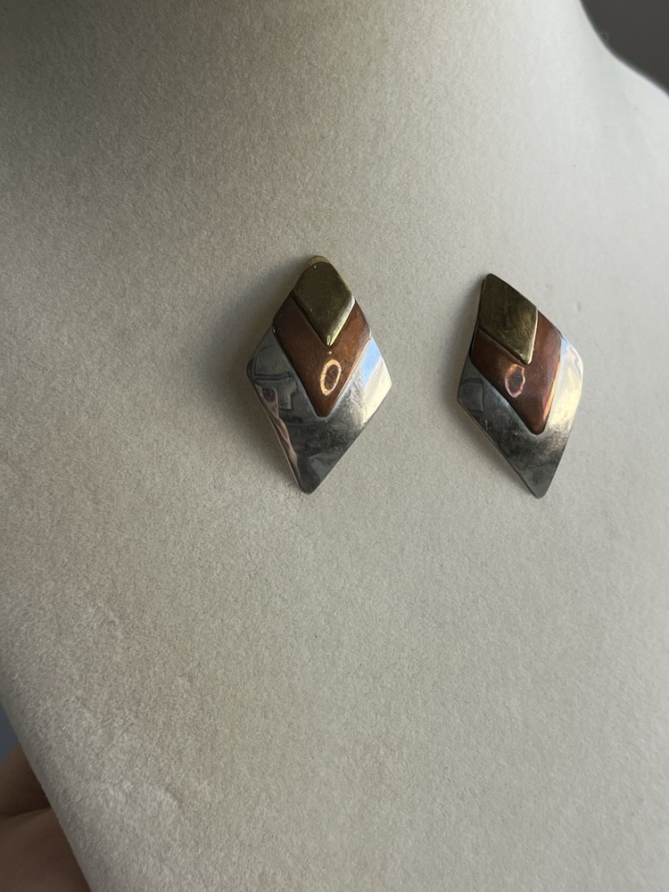 Vintage Copper Brass Gold Silver Mixed Metal Tone Diamond Drop Earrings 1”