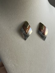 Vintage Copper Brass Gold Silver Mixed Metal Tone Diamond Drop Earrings 1”