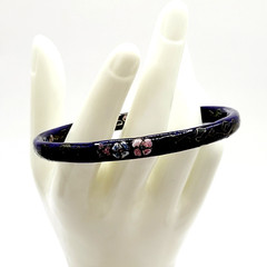 Cloisonné Asian Inspired Dark Cobalt Blue Floral Hand Painted Bangle Bracelet