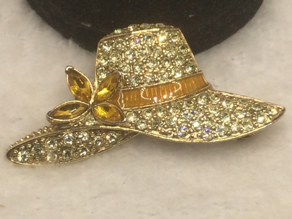 Vintage Signed Monet Yellow Hat Brooch Pin Sparkly Rhinestones