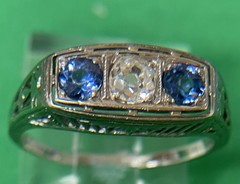 18k White Gold Art Deco Natural European Cut Diamond & Sapphire Ring