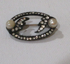 Vtg. Marcasite and Faux Pearl Pinback Brooch 2″ Costume Jewerly