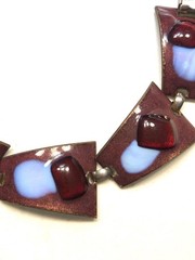 VTG ENAMEL/GLASS KAY DENNING COPPER BRACELET RUSSET/PERIWINKLE/RED 7.5″