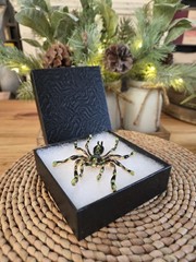 Jeweled Spider Brooch Gold Tone Enamel Green/ Black Large 3.5 in