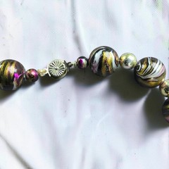 Vintage Marbled Lucite Bead Necklace Black Gold Pink Silver 24″ Mid Century