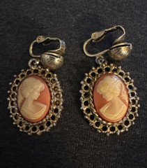 Vintage Cameo clip on Earrings Easter present ivory and coral colored