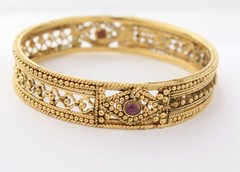 Indian Ornate Gold Tone Bangle Bracelet Hand Made w/ Natural Ruby Stones