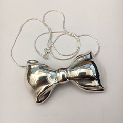 Vintage Sterling Silver Bow Necklace Brooch Puffy Tie Modernist 80s Israel Bold