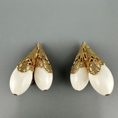 Vintage Napier Earrings Gold Tone Filigree Cap White Bead Tall Climber 1950s
