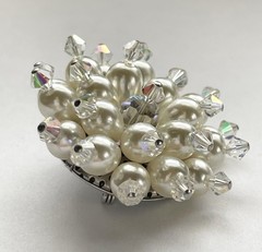 Vintage Faux Pearls AB Beads Iridescent Round Domed Brooch Pin 1960s