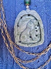 Vintage Jewelry, Hand carved mythical lion stone pendant necklace. Boho look,
