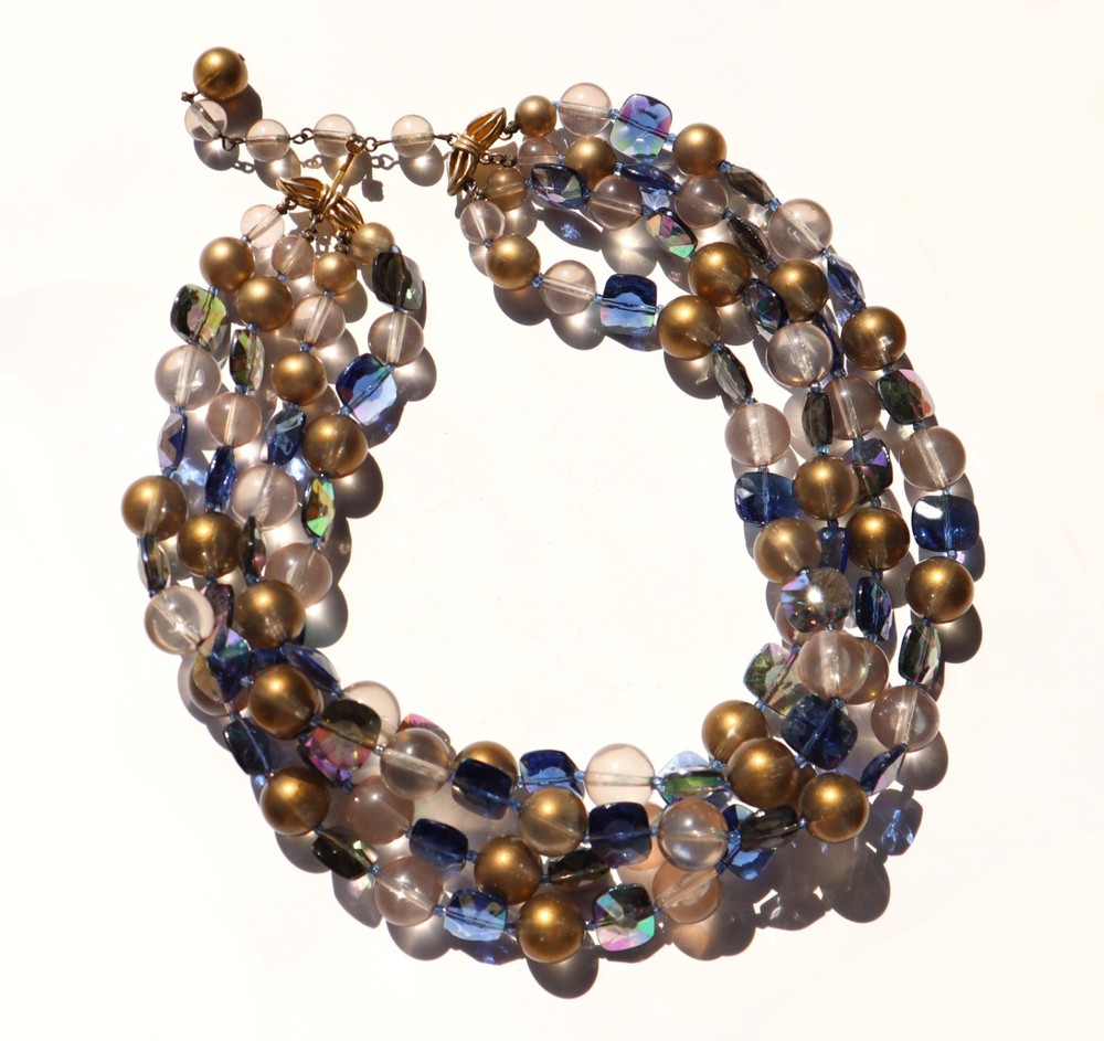 Vintage 4 Strand MARVELLA Necklace Mid Century AB Blue Gold Clear Beaded