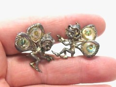 VINTAGE CYVRA PIXIE FAIRY NYMPH SCREW BACK 925 STERLING SILVER ABALONE EARRINGS