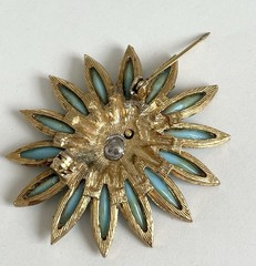 Vintage Signed CAPRI Turquoise Blue Flower Brooch Orange Enamel Gold Tone Pin