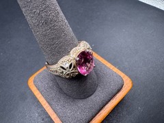 Vtg Sterling Silver 925 Pink Tourmaline Glass Statement Ring Filigree Size 9.75