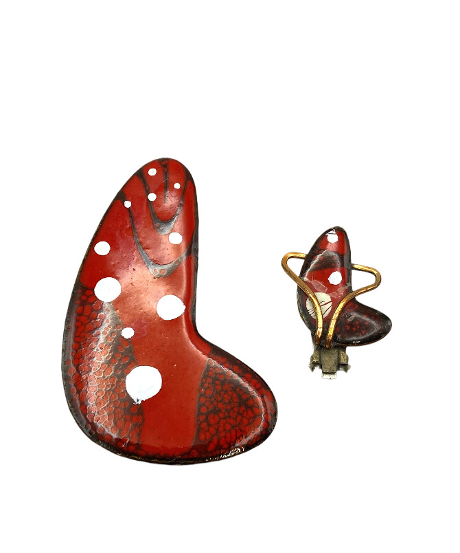 MATISSE 1950’s Vintage Red White Enamel Copper Earring & Brooch Parts Lot Of 2